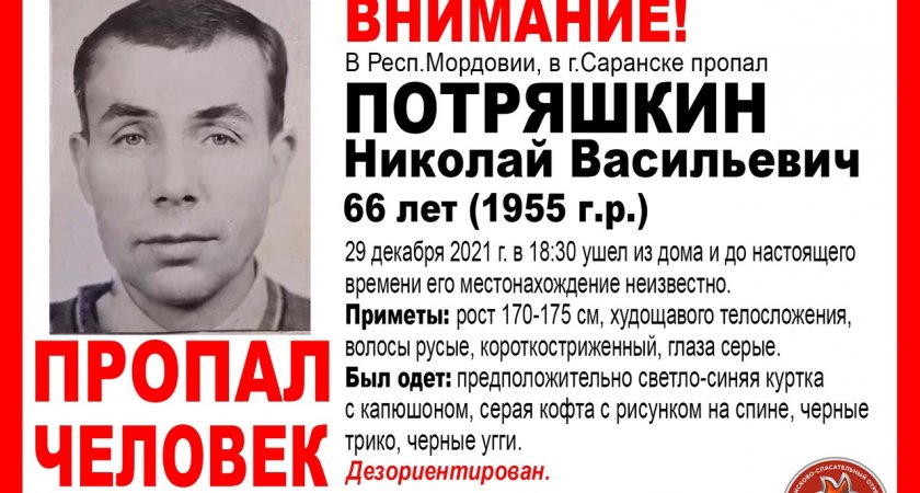В Мордовии ищут пропавшего без вести Николая Потряшкина 