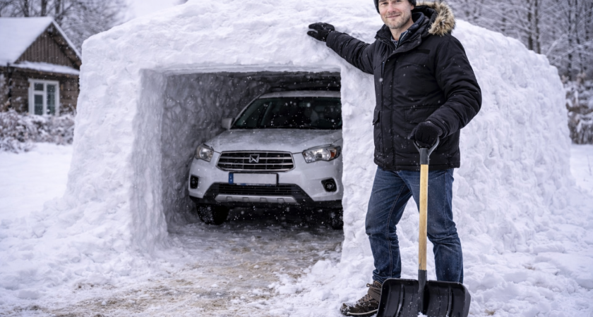 В Мордовии мужчина строит себе гараж из снега