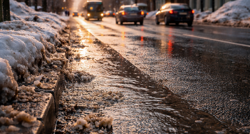 В Саранске на Александровском шоссе снег тает из-за теплотрассы и затапливает дорогу  