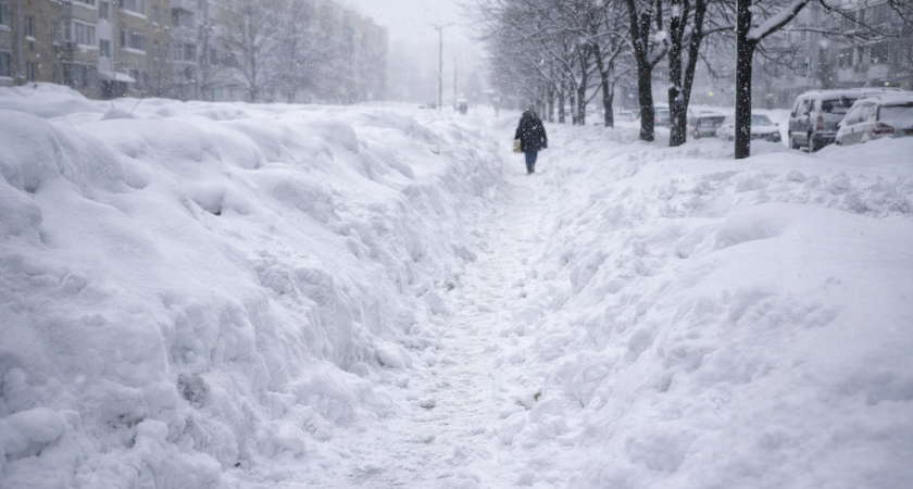 В Саранске тротуар на улице Титова третий день утопает в снегу