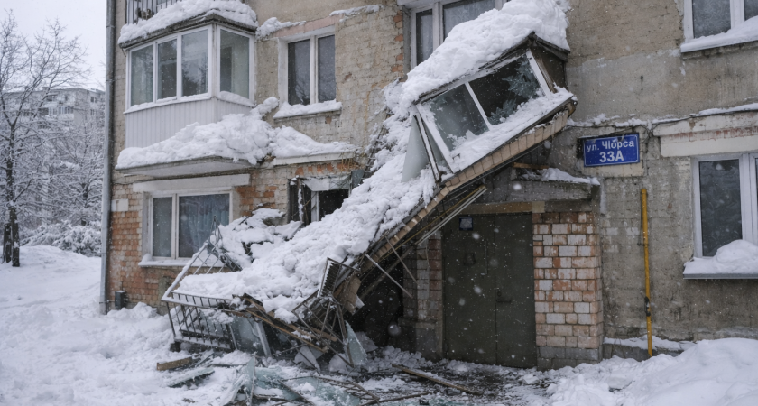 Снег с крыши повредил балконы на улице Щорса в Саранске
