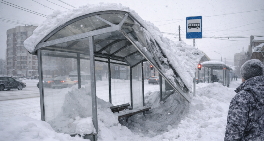 На одной из остановок в Саранске заметили опасное скопление снега на крыше