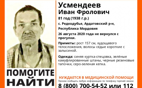 Нуждается в медицинской помощи: В Мордовии пропал 81-летний Иван Усмендеев