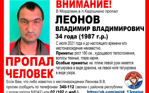 34-летний Владимир Леонов пропал без вести в Мордовии
