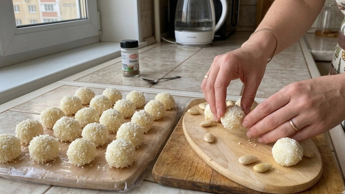 Конфеты «Рафаэлло» за 10 минут — кокосовая стружка, миндаль и сгущенка: вкуснее, чем в коробке, и в 2 раза дешевле